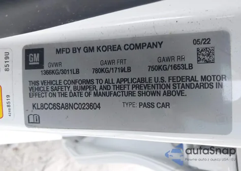 2022 Chevrolet Spark Fwd 1Lt Manual из США, поврежденный, VIN KL8CC6SA8NC023604